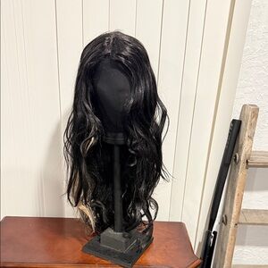 Elegant Black Wavy Hair Wig with one blonde streak 27”